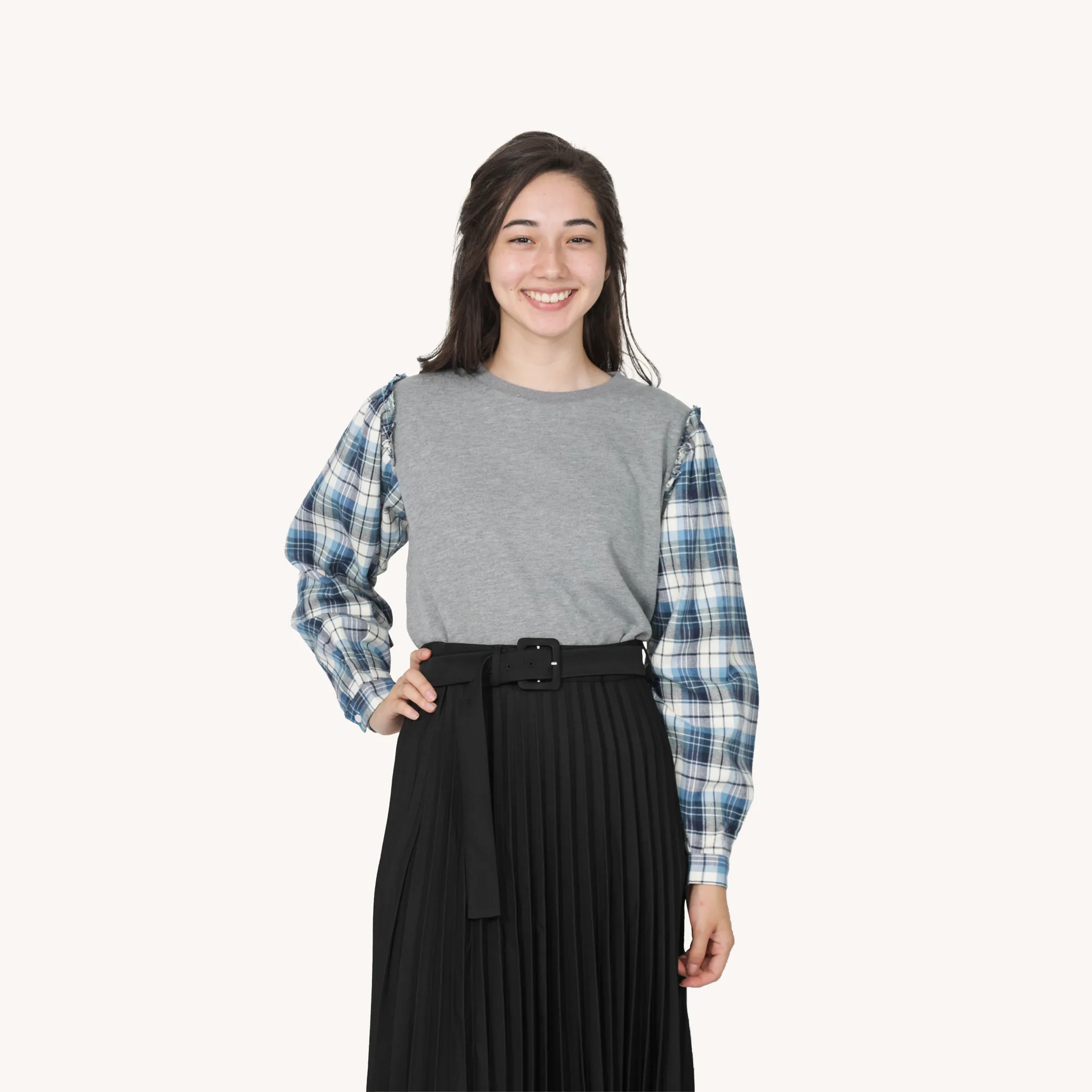 Grey Knit Plaid Blouse